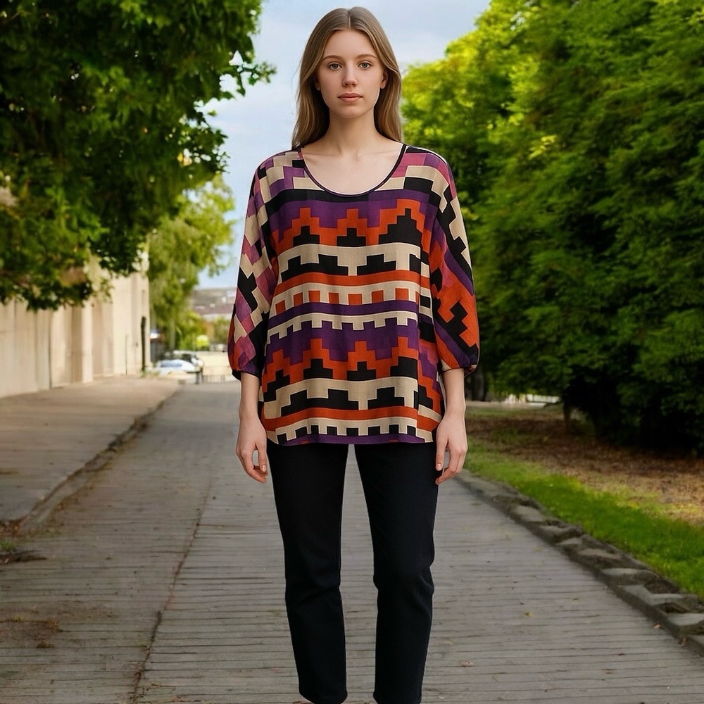 Liz Claiborne Aztec Print Short Sleeve Red Tan Black Purple Blouse